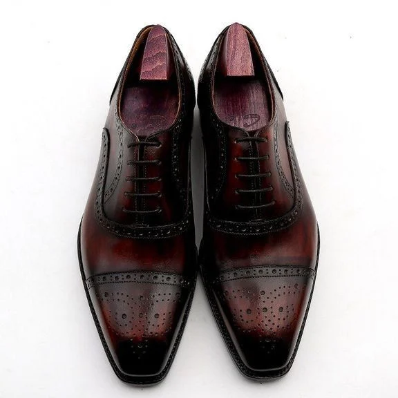 Wine Patina Leather Handmade Dress Shoe - Genuine Calf Leather - Men Suits Formal Leather Handmade Wedding Shoes CE02 - Image 6