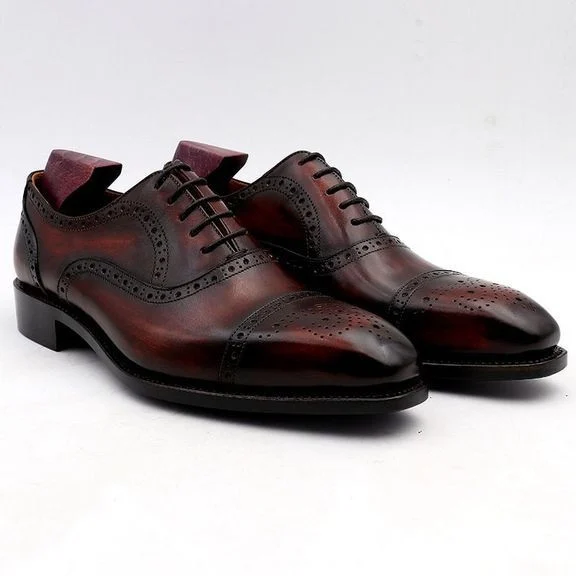 Wine Patina Leather Handmade Dress Shoe - Genuine Calf Leather - Men Suits Formal Leather Handmade Wedding Shoes CE02 - Image 4