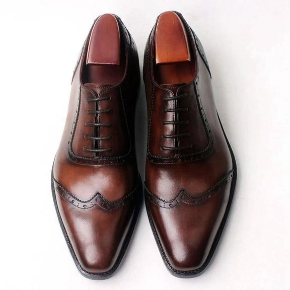 Cie Handmade Oxfords Shoe - Square Toe Wingtips Patina Brown Handmade 100% Genuine Calf Leather CE05 - Image 2