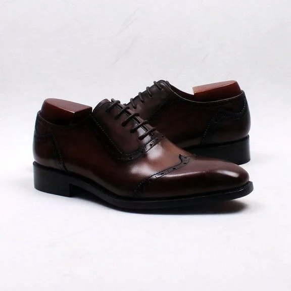 Cie Handmade Oxfords Shoe - Square Toe Wingtips Patina Brown Handmade 100% Genuine Calf Leather CE05 - Image 5