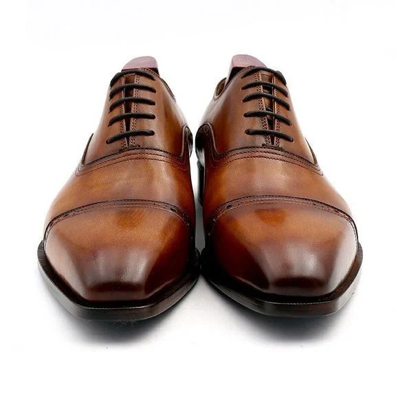 Handmade Leather Oxford Shoe For Men - Patina Brown Hand-Painted Genuine Calf Leather Men Suits Formal Leather Handmade - Image 6