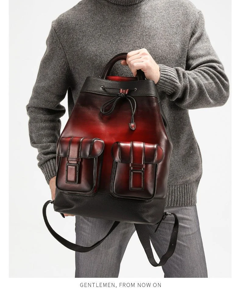 Handmade Patina 100% Calfskin Backpack Leather Genuine Laptop Vintage Style Large-capacity Travel Bag - Image 5