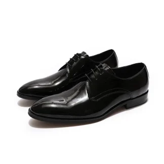 Handmade Patina Men’s Derby Shoes - Black Blue Patent Leather Plain Toe Formal Business Shoe