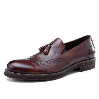 Two-Color Genuine Leather Men’s Loafers - Handmade with Leather Tassels, Business, Casual, Retro, Wedding & Party