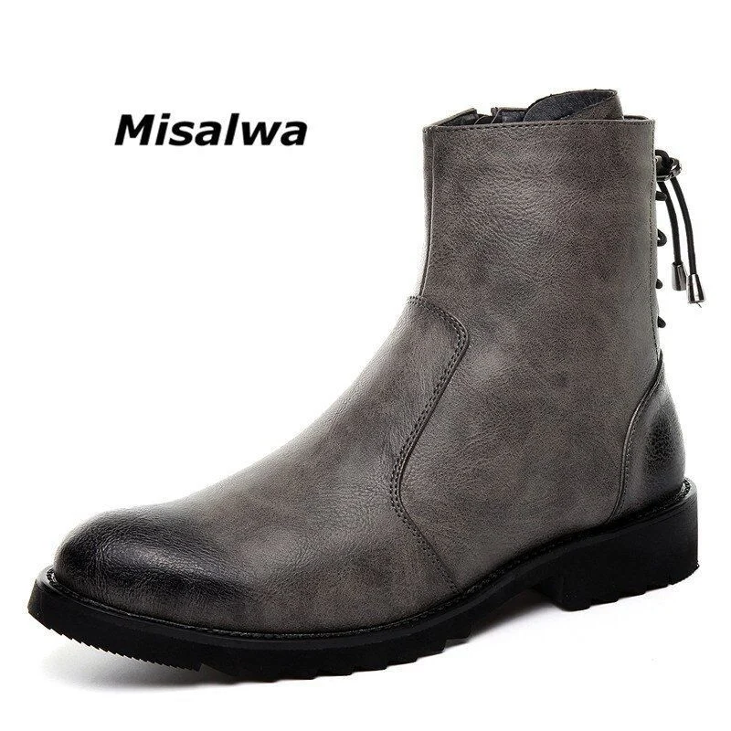Misalwa Zipper Leather Men Ankle Boots Fashion Winter Chelsea Snow Boots Back Side Lace-up Formal Oxford Dress Boots - Image 5