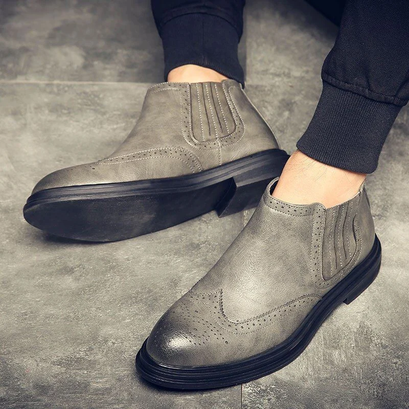 Mens Rubber Leather Boots Fashion Chelsea Boots Men Casual Slip On Waterproof Ankle Boots Pointed Toe Low Top Boots - Image 4