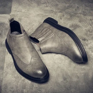 Mens Rubber Leather Boots Fashion Chelsea Boots Men Casual Slip On Waterproof Ankle Boots Pointed Toe Low Top Boots