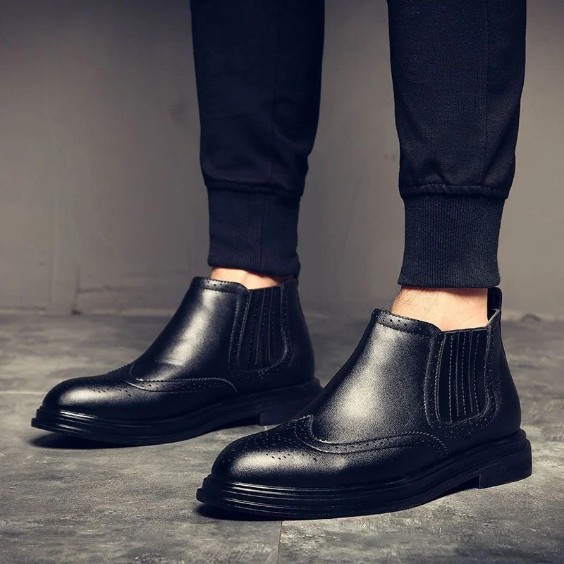 Mens Rubber Leather Boots Fashion Chelsea Boots Men Casual Slip On Waterproof Ankle Boots Pointed Toe Low Top Boots - Image 6