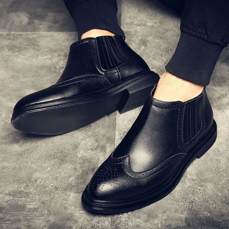 Mens Rubber Leather Boots Fashion Chelsea Boots Men Casual Slip On Waterproof Ankle Boots Pointed Toe Low Top Boots - Image 5