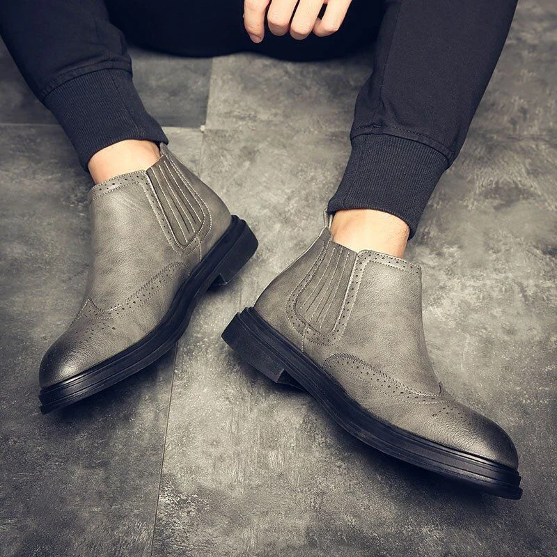 Mens Rubber Leather Boots Fashion Chelsea Boots Men Casual Slip On Waterproof Ankle Boots Pointed Toe Low Top Boots - Image 3
