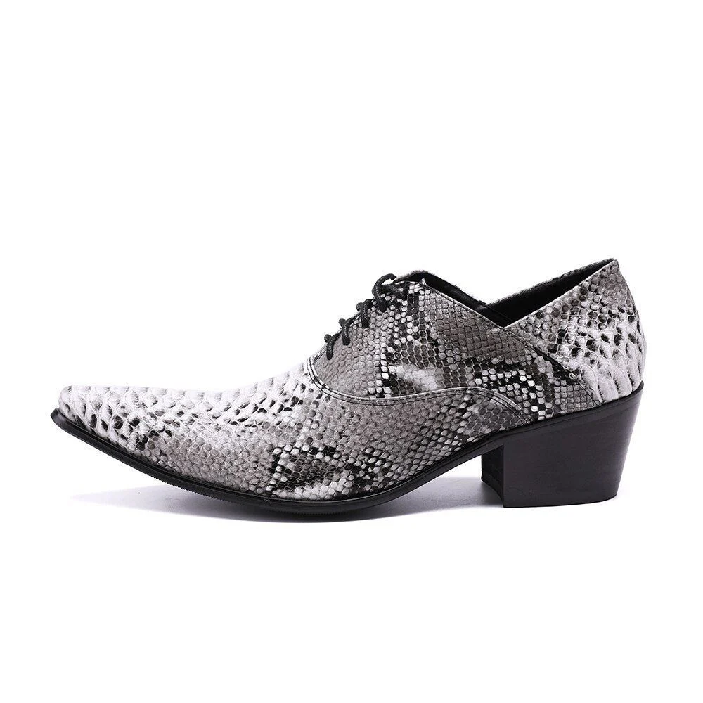 Christia Bella Serpentine Printing Leather Men Oxfords - Lace-Up High Heel Business & Wedding Formal Dress Shoes - Image 2
