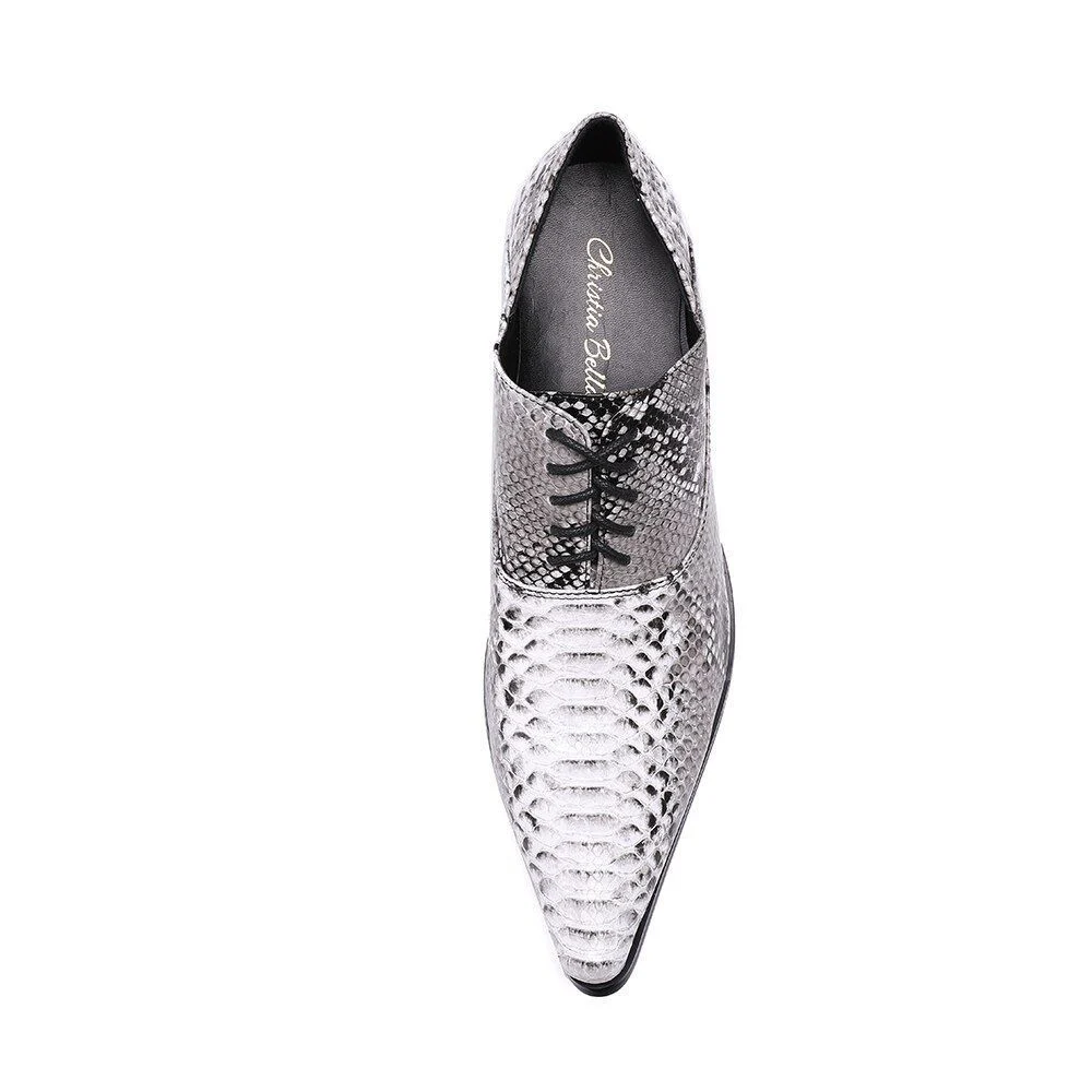 Christia Bella Serpentine Printing Leather Men Oxfords - Lace-Up High Heel Business & Wedding Formal Dress Shoes - Image 3