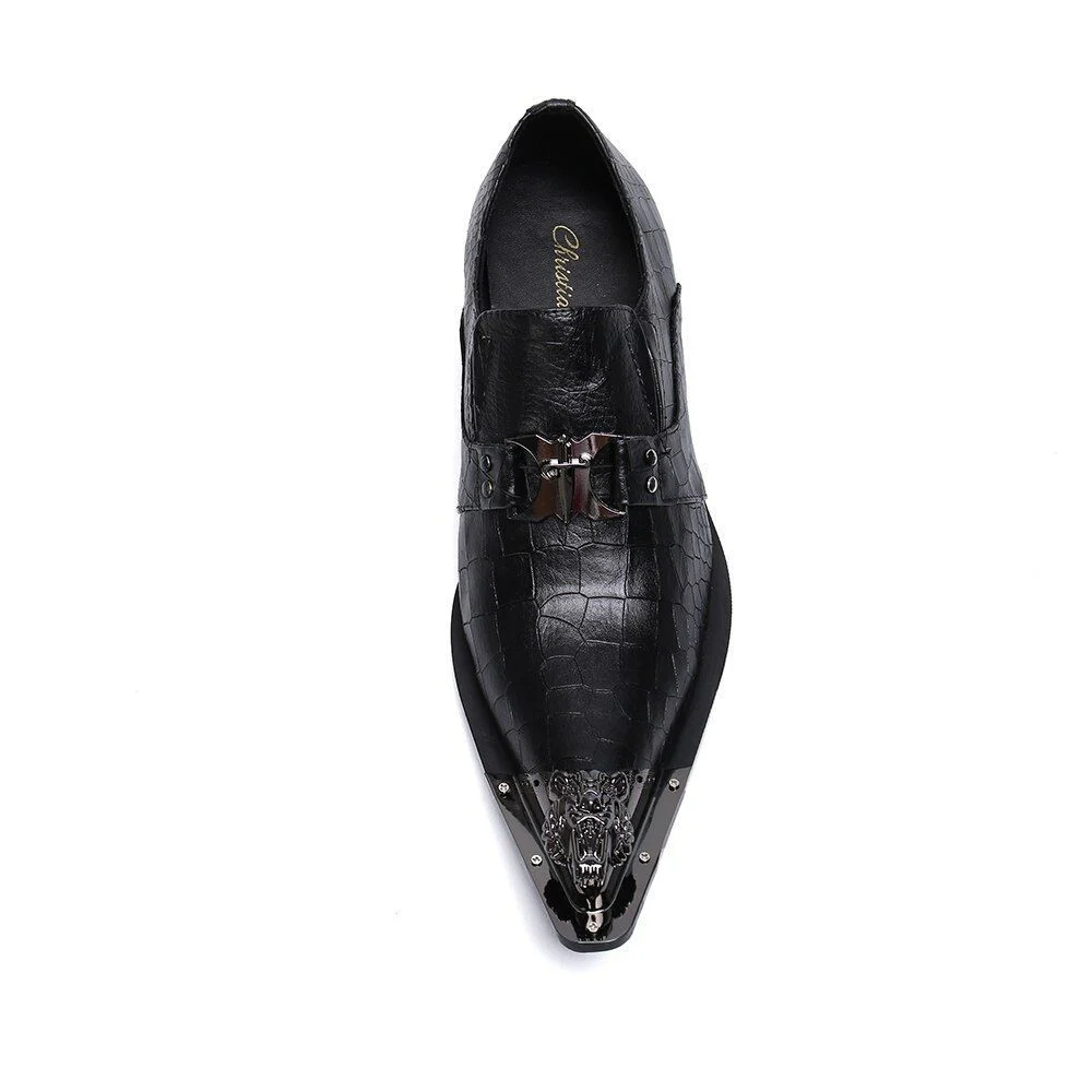 Christia Bella Fashion Chain Genuine Leather Men Business Shoes - Slip-On Metal Pointed Toe Formal Dress Shoes - Image 4