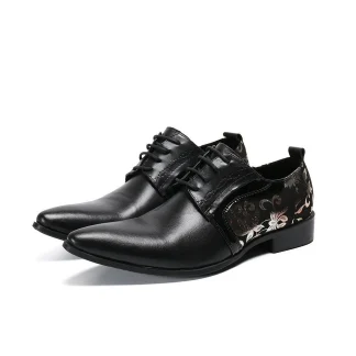Gold Floral Leather Brogue Shoes for Men - Fashionable Pointed Toe Lace-Up Oxfords