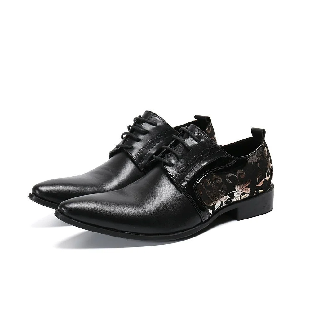 Gold Floral Leather Brogue Shoes for Men - Fashionable Pointed Toe Lace-Up Oxfords