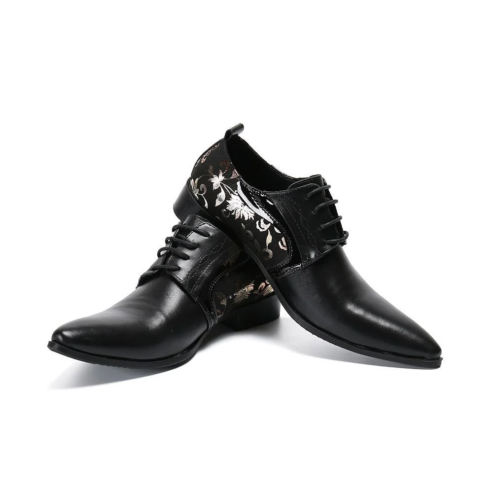 Gold Floral Leather Brogue Shoes for Men - Fashionable Pointed Toe Lace-Up Oxfords - Image 4