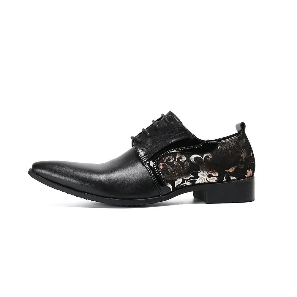 Gold Floral Leather Brogue Shoes for Men - Fashionable Pointed Toe Lace-Up Oxfords - Image 2