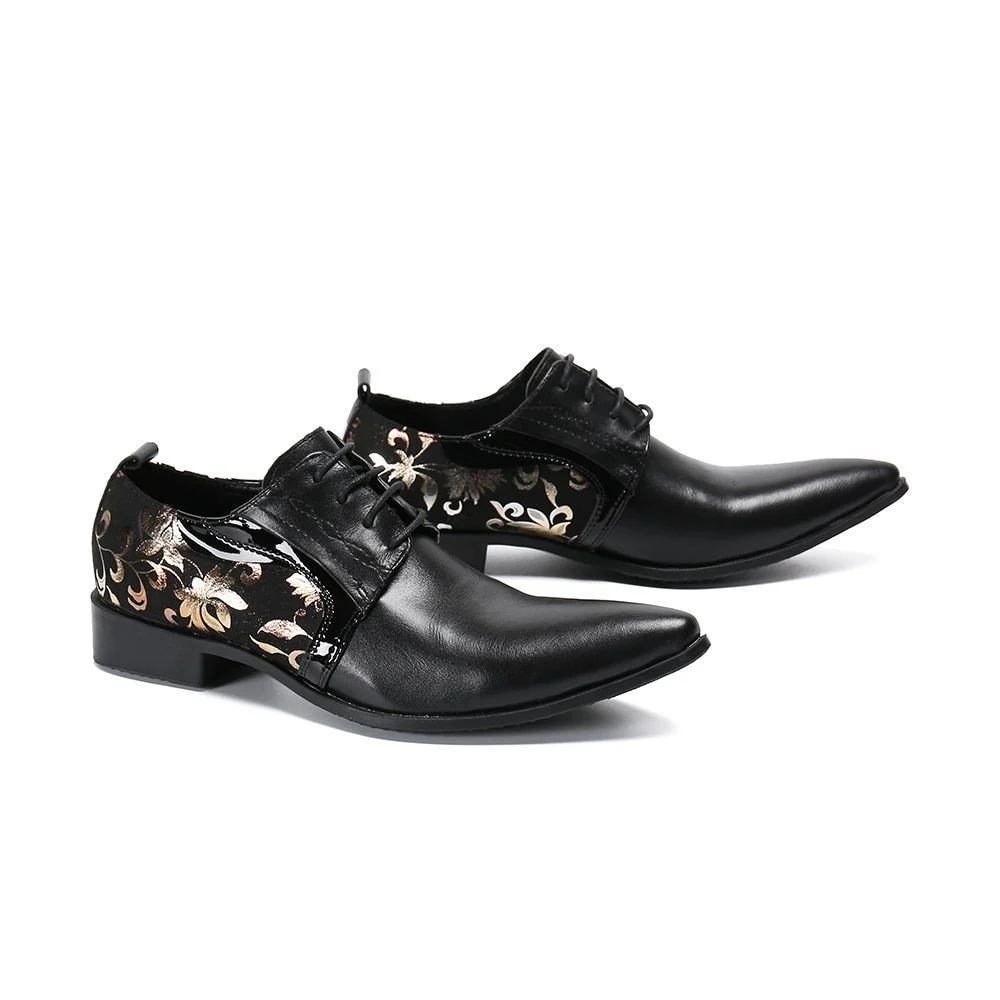 Gold Floral Leather Brogue Shoes for Men - Fashionable Pointed Toe Lace-Up Oxfords - Image 5