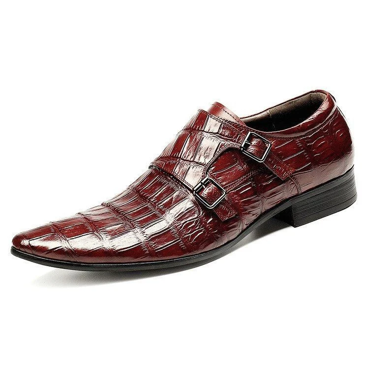 Sipriks Luxury Alligator Skin Double Monk Strap Wedding Shoes - Wine Red and Black Formal Tuxedo Shoes