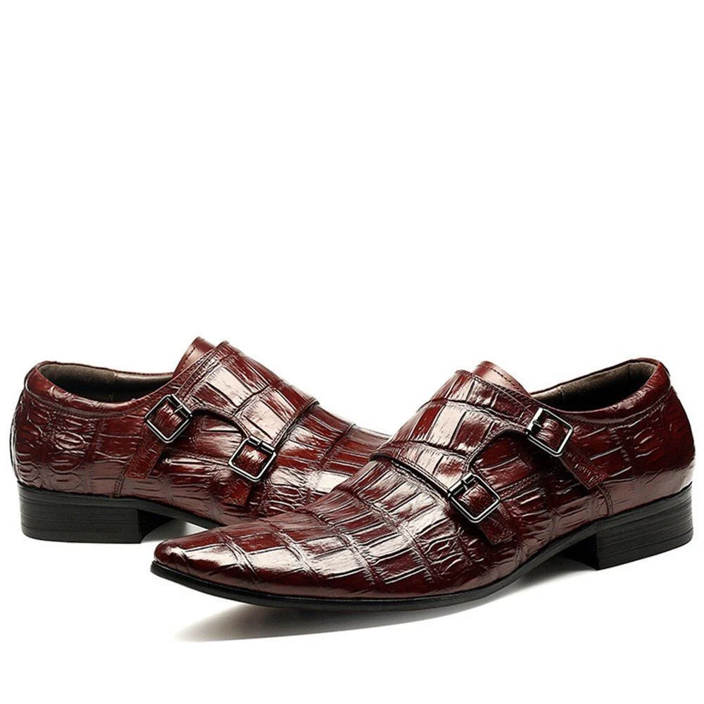 Sipriks Luxury Alligator Skin Double Monk Strap Wedding Shoes - Wine Red and Black Formal Tuxedo Shoes - Image 2