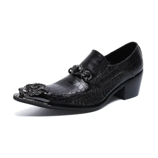 Christia Bella Fashion Chain Genuine Leather Men’s Business Shoes - Large Size Slip-On Metal Pointed Toe Formal Dress Shoes