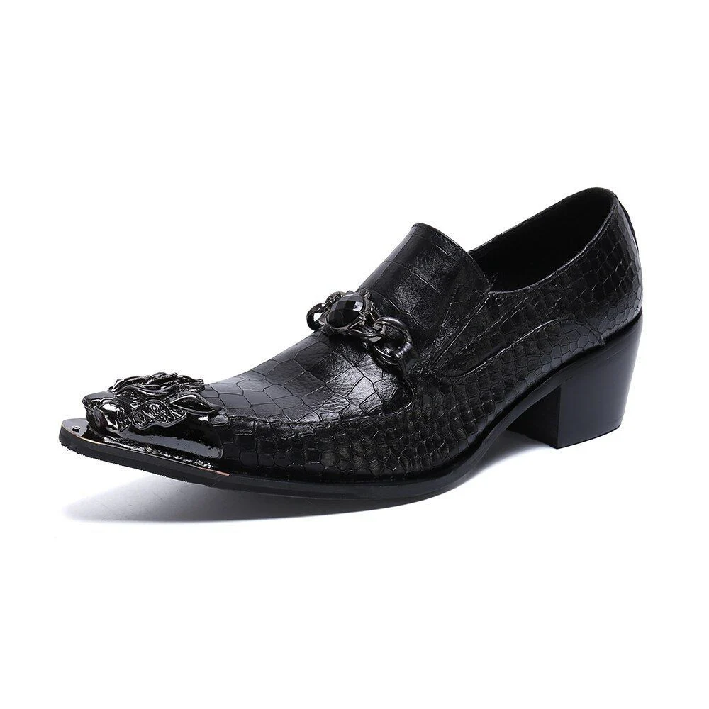 Christia Bella Fashion Chain Genuine Leather Men’s Business Shoes - Large Size Slip-On Metal Pointed Toe Formal Dress Shoes