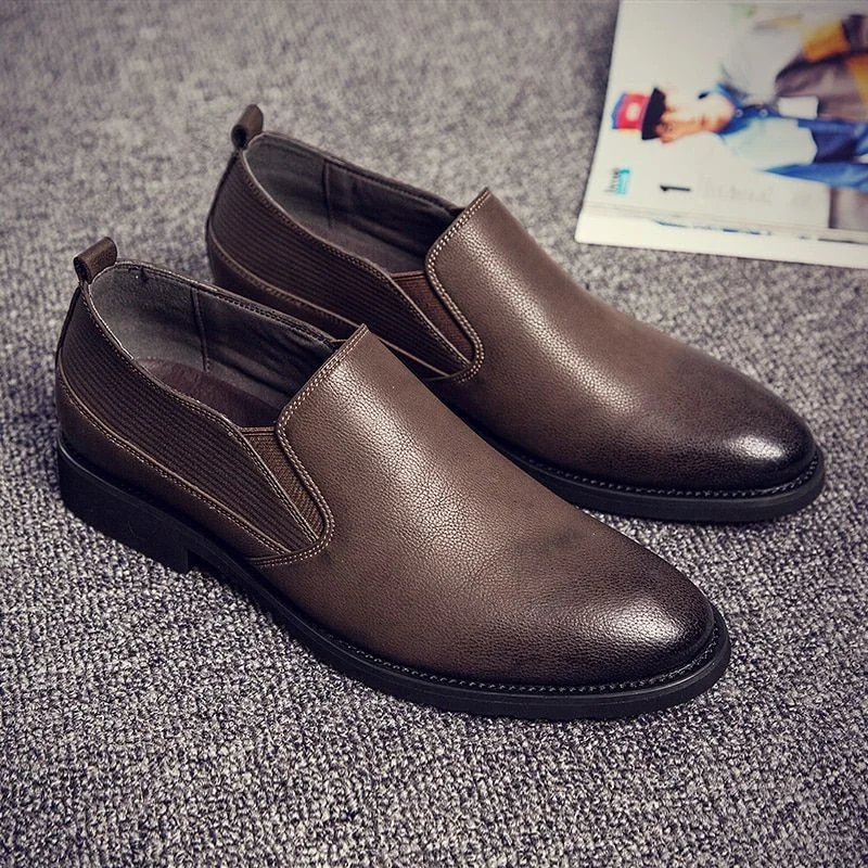 Misalwa Solid Leather Men’s Casual Dress Shoes - Khaki Slip-On Business Loafers with Elastic Band - Image 8