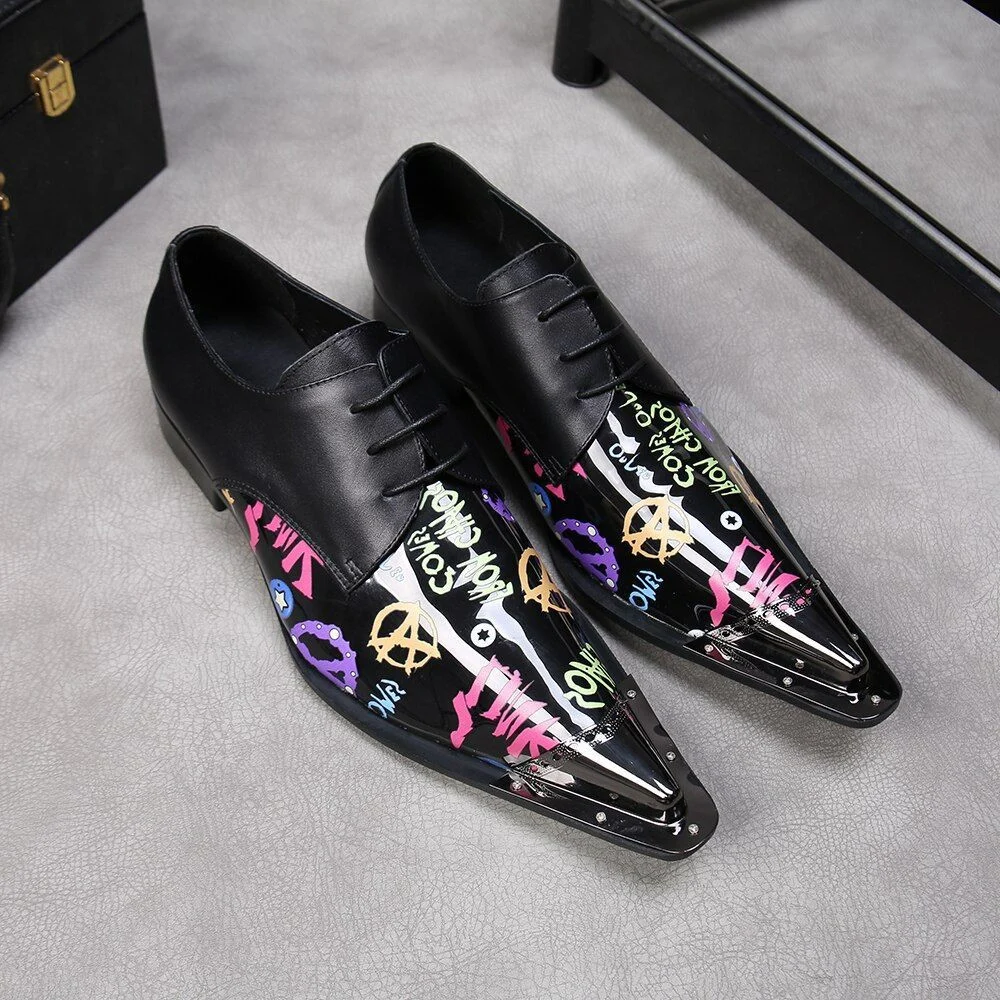 Christia Bella Printing Genuine Leather Business Shoes - Fashion Plus Size Lace-Up Metal Pointed Toe Formal Dress Shoes - Image 4
