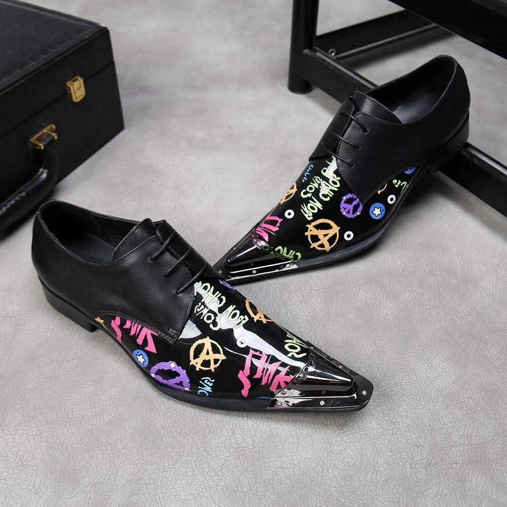 Christia Bella Printing Genuine Leather Business Shoes - Fashion Plus Size Lace-Up Metal Pointed Toe Formal Dress Shoes - Image 3