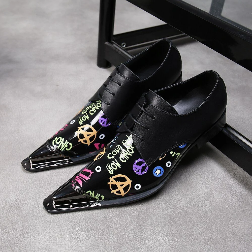 Christia Bella Printing Genuine Leather Business Shoes - Fashion Plus Size Lace-Up Metal Pointed Toe Formal Dress Shoes - Image 2