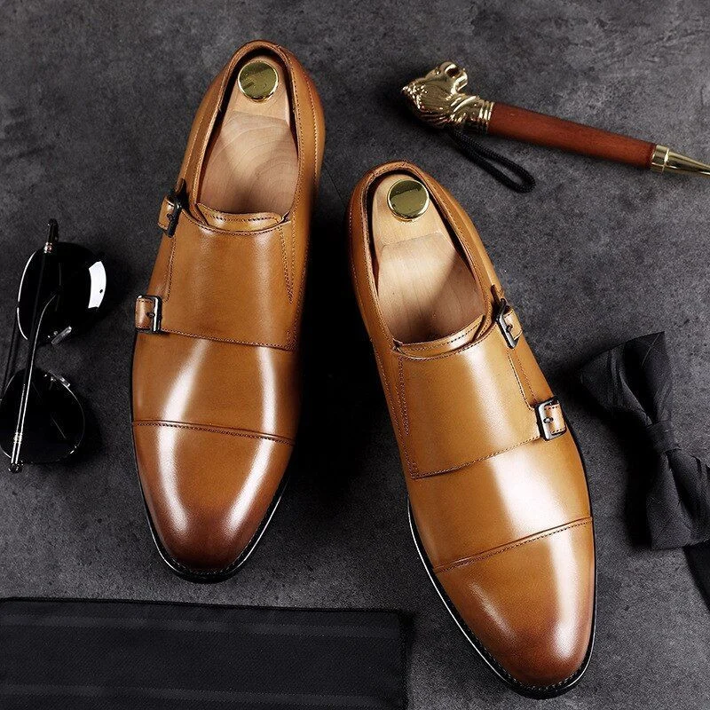 Genuine Leather Double Buckle Formal Shoes - Retro Monk Strap Men's Dress Shoes - Image 6