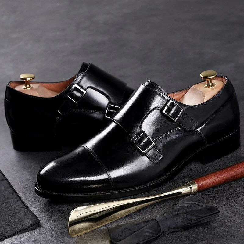 Genuine Leather Double Buckle Formal Shoes - Retro Monk Strap Men's Dress Shoes - Image 5