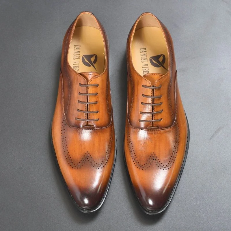 Luxury Genuine Leather Pointed Toe Oxfords - Mixed Brown Handmade Formal Dress Shoes for Men - Image 2