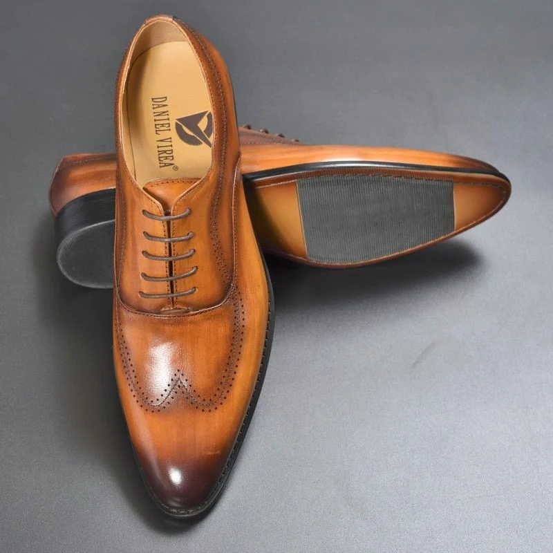 Luxury Genuine Leather Pointed Toe Oxfords - Mixed Brown Handmade Formal Dress Shoes for Men - Image 6