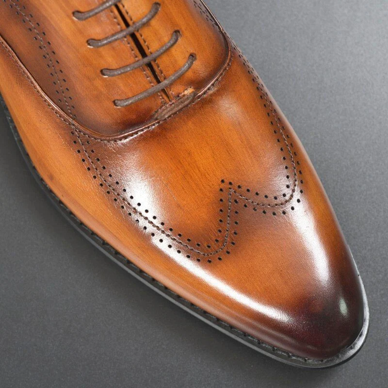 Luxury Genuine Leather Pointed Toe Oxfords - Mixed Brown Handmade Formal Dress Shoes for Men - Image 3