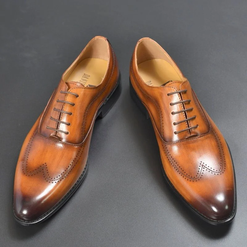 Luxury Genuine Leather Pointed Toe Oxfords - Mixed Brown Handmade Formal Dress Shoes for Men - Image 4