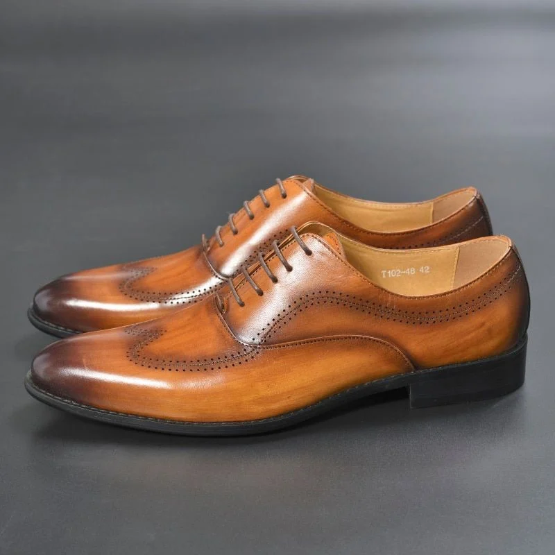 Luxury Genuine Leather Pointed Toe Oxfords - Mixed Brown Handmade Formal Dress Shoes for Men - Image 7