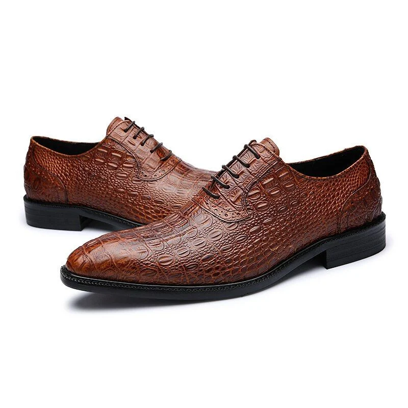 Italian Crocodile-Embossed Leather Oxford Shoes – Genuine Leather Lace-Up Wedding and Business Dress Shoes for Men - Image 2