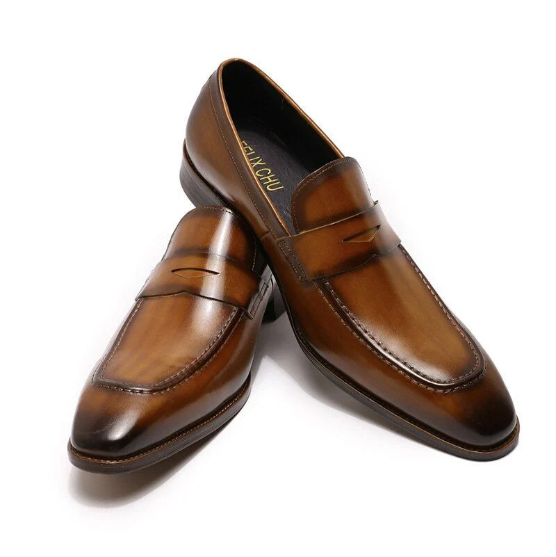 Hand-Painted Genuine Leather Penny Loafers - Blue and Brown Business Dress Shoes for Men - Image 3