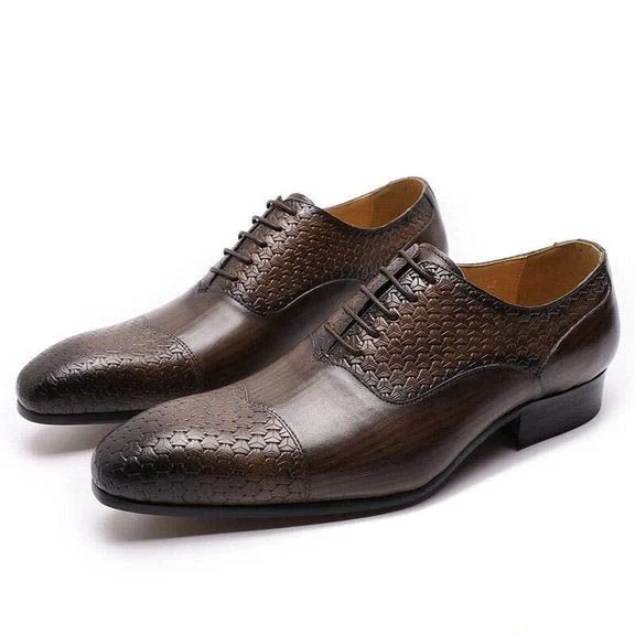 Handmade Genuine Leather Pointed Toe Oxford Shoes - Printed Lace-Up Formal Dress Shoes for Men - Image 3