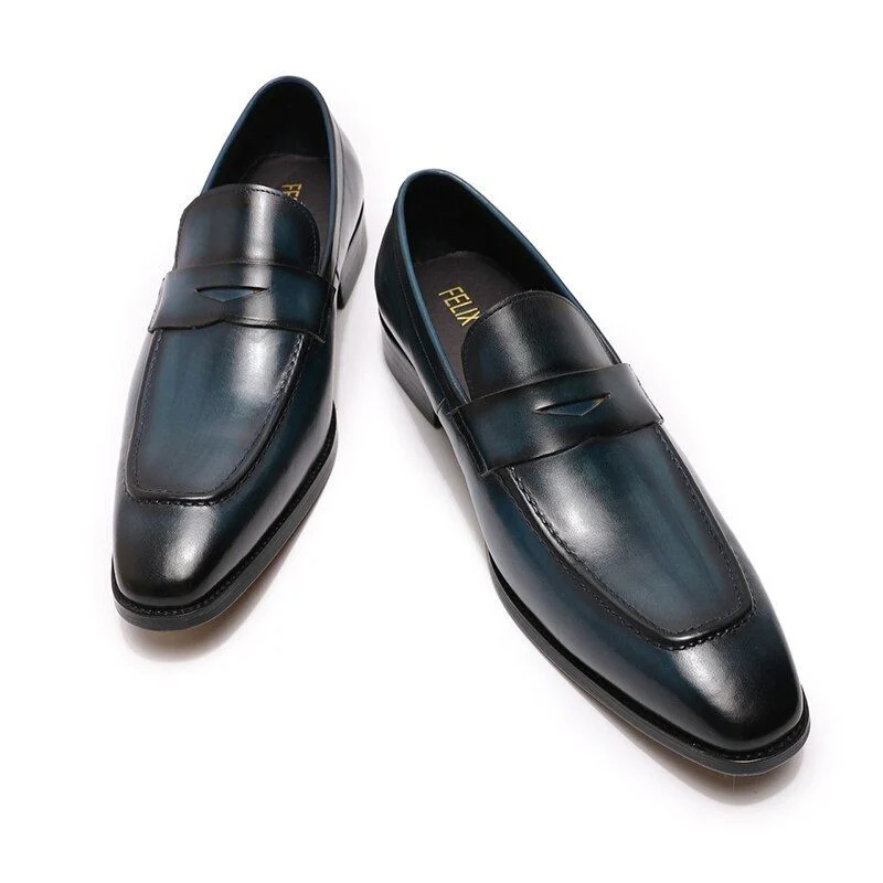 Hand-Painted Genuine Leather Penny Loafers - Blue and Brown Business Dress Shoes for Men - Image 6