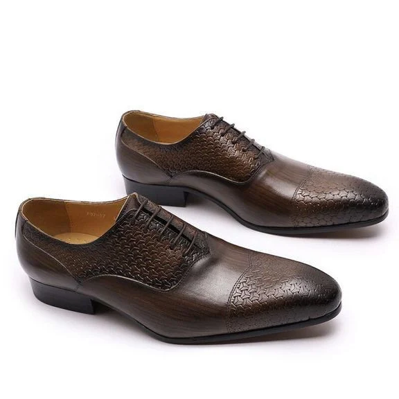 Handmade Genuine Leather Pointed Toe Oxford Shoes - Printed Lace-Up Formal Dress Shoes for Men - Image 2