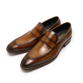 Hand-Painted Genuine Leather Penny Loafers - Blue and Brown Business Dress Shoes for Men