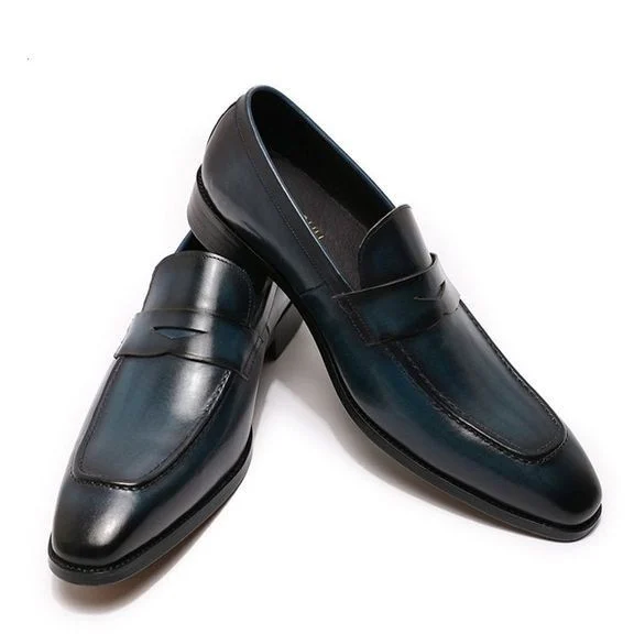 Hand-Painted Genuine Leather Penny Loafers - Blue and Brown Business Dress Shoes for Men - Image 5