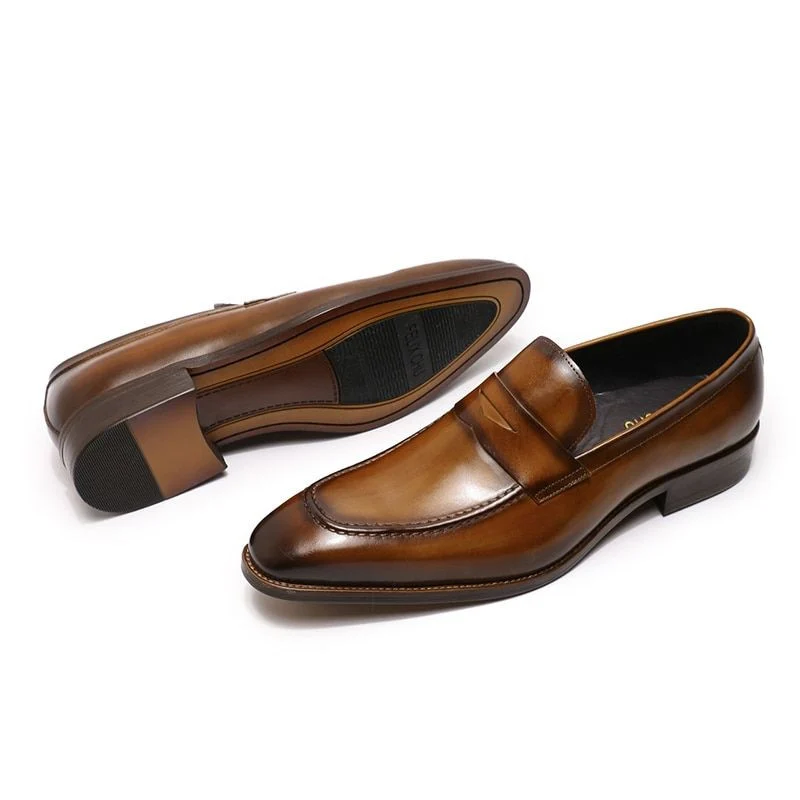 Hand-Painted Genuine Leather Penny Loafers - Blue and Brown Business Dress Shoes for Men - Image 2