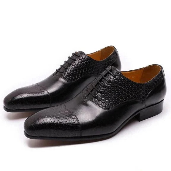 Handmade Genuine Leather Pointed Toe Oxford Shoes - Printed Lace-Up Formal Dress Shoes for Men - Image 4
