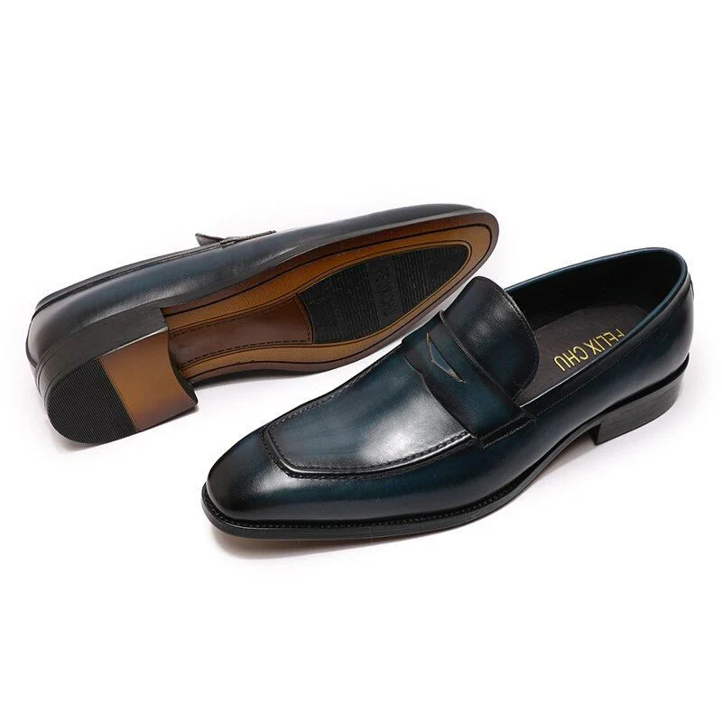 Hand-Painted Genuine Leather Penny Loafers - Blue and Brown Business Dress Shoes for Men - Image 7