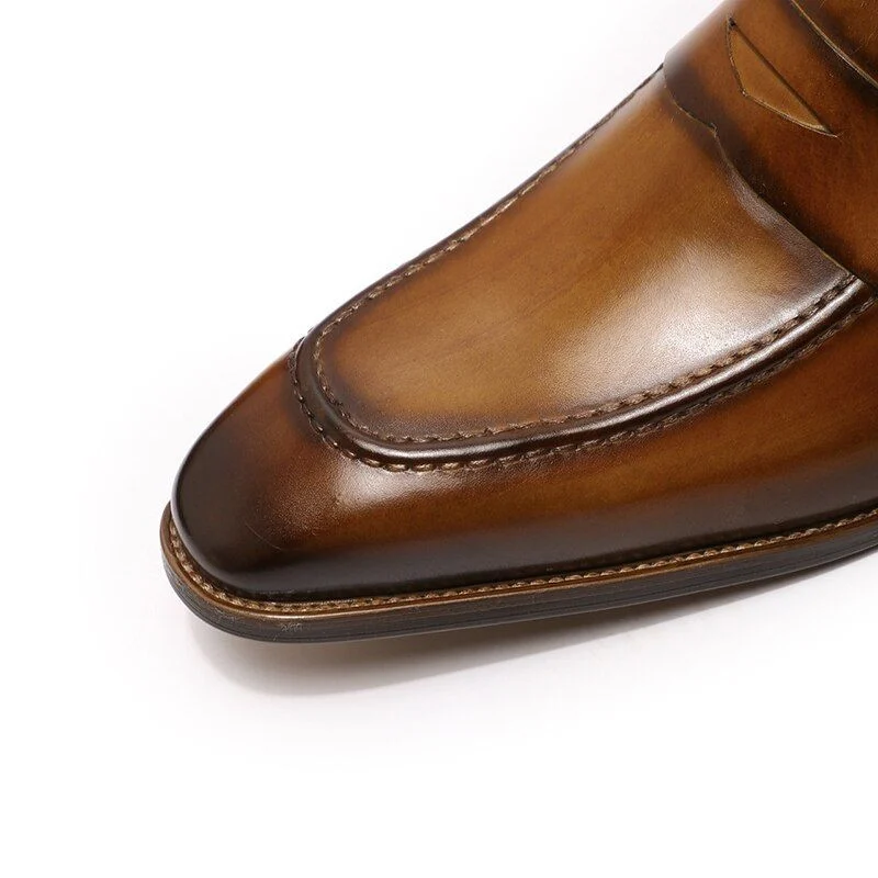 Hand-Painted Genuine Leather Penny Loafers - Blue and Brown Business Dress Shoes for Men - Image 4