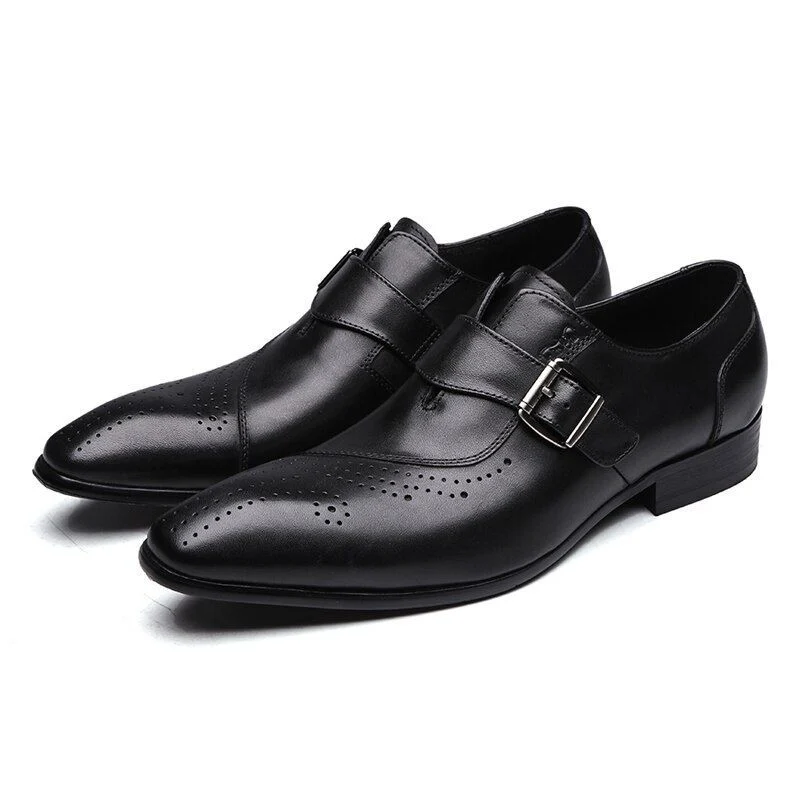 Men’s Leather Monk Strap Brogue Shoes - Slip-On Formal Oxford Dress Shoes - Image 2