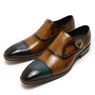 Handmade Monk Strap Loafers - Patina Brown and Blue Cap Toe Dress Shoes for Men